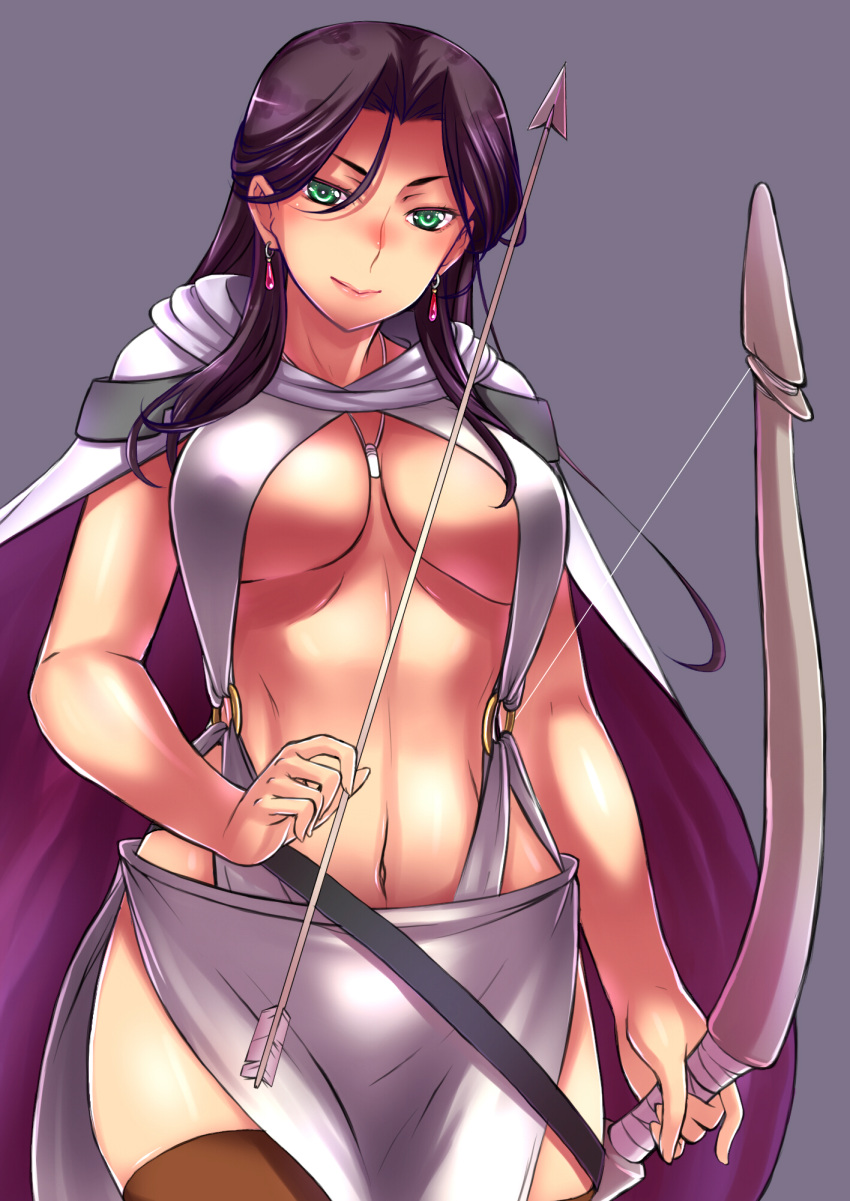1girl arrow arslan_senki black_hair bow_(weapon) breasts cape earrings falangies green_eyes highres jewelry large_breasts loincloth navel solo thigh-highs tiha weapon