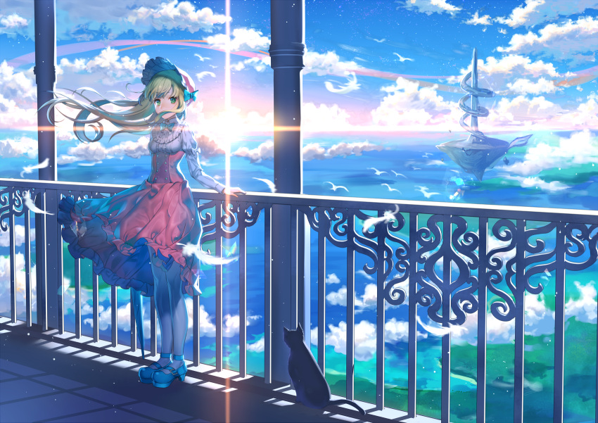 1girl animal backlighting bird black_cat blonde_hair blue_bow blue_shoes blue_sky bonnet bow breasts buttons cat center_frills double-breasted dress dress_lift feathers floating_hair floating_island floor frills green_eyes hat hat_bow highres horizon juliet_sleeves kikugetsu legs_together lens_flare light_particles long_hair long_sleeves looking_at_viewer medium_breasts motion_blur ocean original pantyhose puffy_sleeves railing scenery shade shoes sky standing tower white_bow white_legwear wind