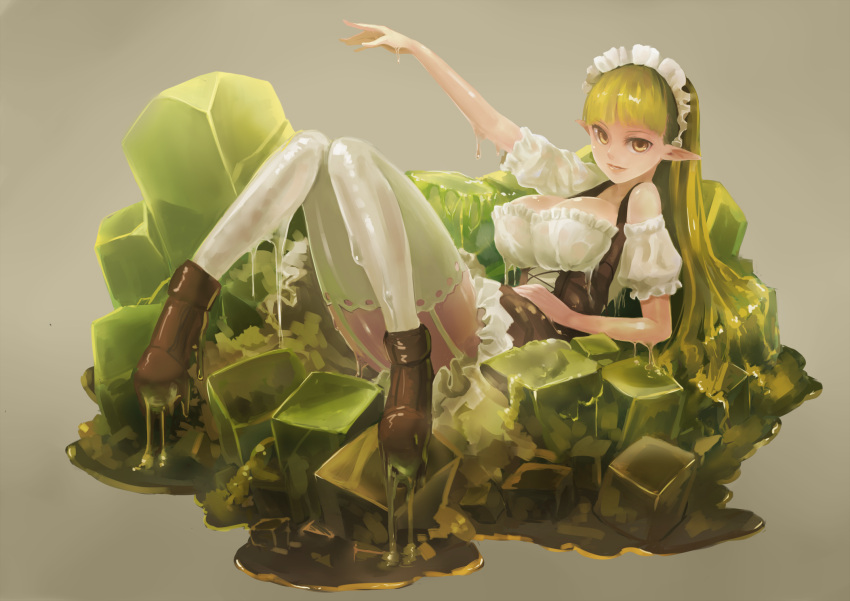 1girl arm_up boots breasts brown_boots brown_eyes detached_sleeves frilled_sleeves frills garter_straps green_hair highres jelly long_hair long_pointy_ears lying maid maid_headdress on_back original outstretched_arm parted_lips pointy_ears short_sleeves slime solo thigh-highs virgosdf white_legwear