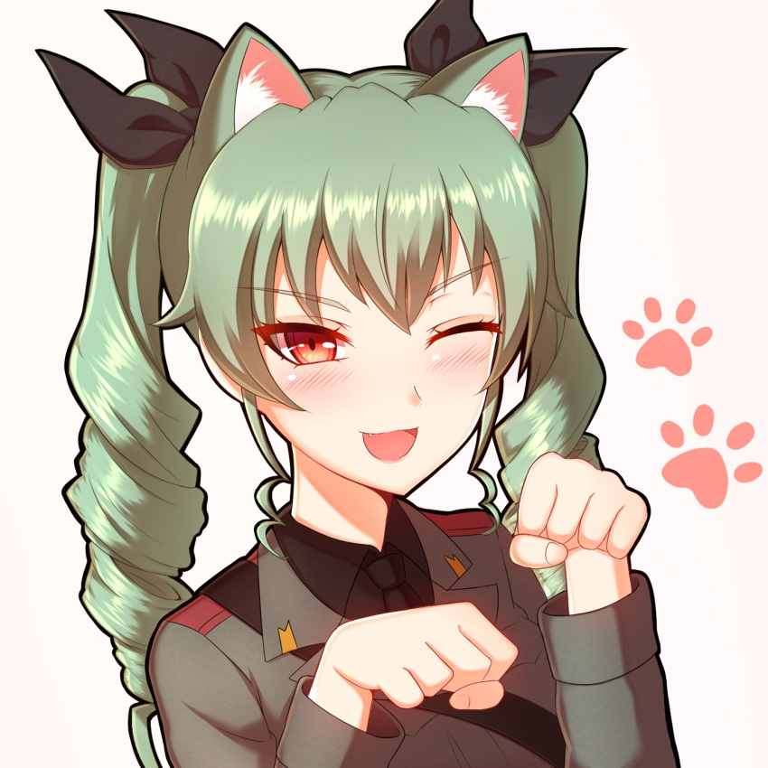 1girl anchovy animal_ears cat_ears drill_hair fang girls_und_panzer green_hair highres mikhail_n open_mouth red_eyes ribbon smile solo twin_drills twintails
