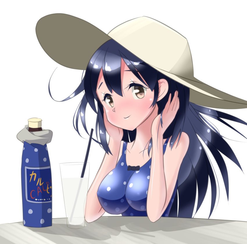 1girl black_hair bottle breasts calpis casual_one-piece_swimsuit drinking_straw glass hat highres kantai_collection long_hair maimai_do one-piece_swimsuit polka_dot polka_dot_swimsuit solo sun_hat swimsuit ushio_(kantai_collection) yellow_eyes