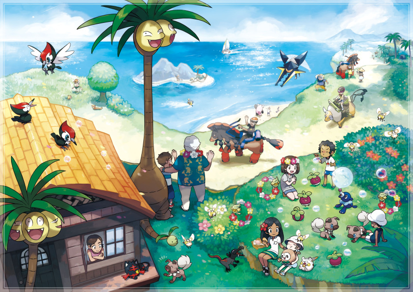 4girls 6+boys absurdres alolan_exeggutor beach bewear boat bounsweet child comfey cutiefly drampa exeggutor fishing flower grass grubbin highres house island litten_(pokemon) mountain mudsdale multiple_boys multiple_girls nintendo ocean official_art palm_tree pikipek pokemon pokemon_(game) pokemon_sm popplio riding rockruff rowlet sailboat salandit scenery sharpedo sitting tauros togedemaru tree vikavolt watercraft yungoos