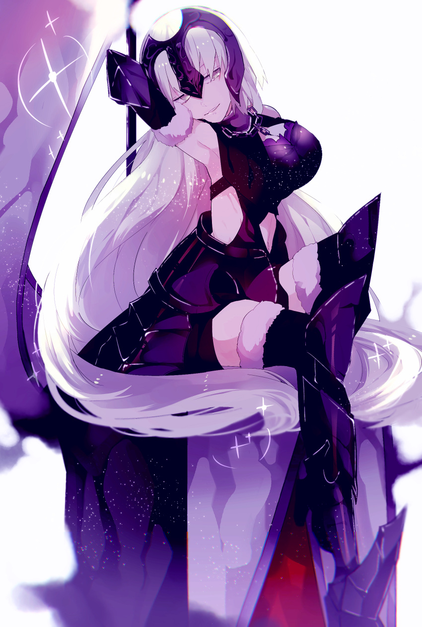 1girl absurdres armor armpits breasts cleavage fate/grand_order fate_(series) fur-trimmed_legwear highres jeanne_alter large_breasts long_hair navel navel_cutout ruler_(fate/apocrypha) ruler_(fate/grand_order) sitting sitting_on_object smirk solo standard_bearer thighs white_hair
