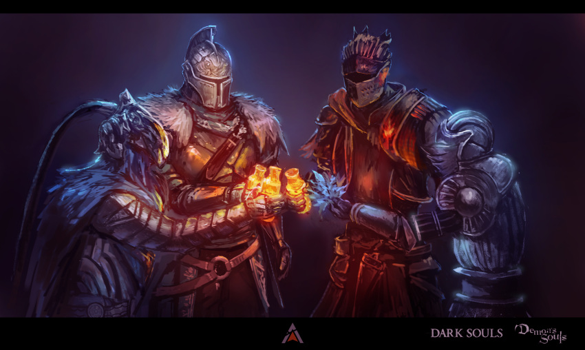 4boys absurdres armor artist_request ashen_one_(dark_souls_3) chosen_undead covered_eyes dark_souls dark_souls_ii dark_souls_iii demon's_souls helmet_over_eyes highres knight multiple_boys slayer_of_demons souls_(from_software) tagme undead_hero_(dark_souls_2)