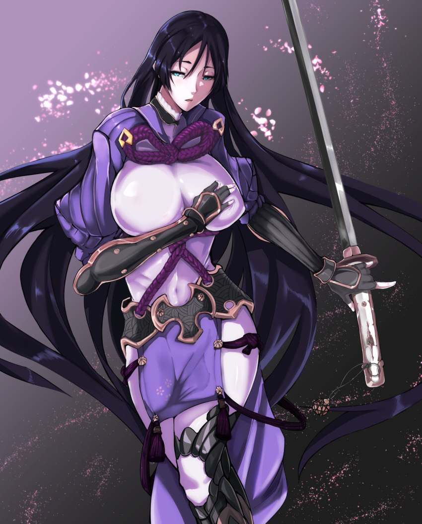 1girl black_hair blue_eyes bodysuit breasts covered_navel fate/grand_order fate/stay_night fate_(series) fingerless_gloves gloves highres huge_breasts katana kisaragi_chiyuki long_hair minamoto_no_yorimitsu_(fate/grand_order) parted_lips solo sword thighs very_long_hair weapon