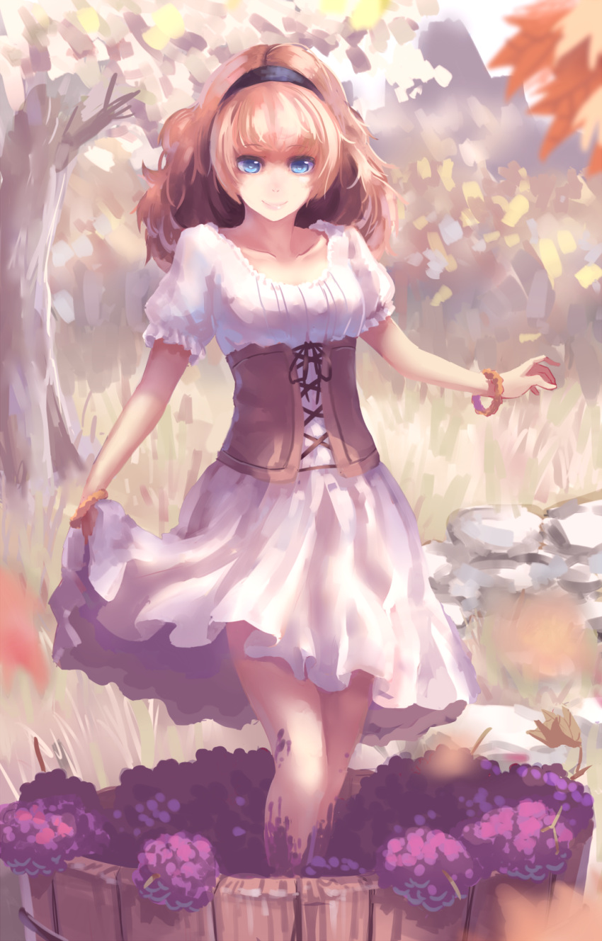 1girl blue_eyes bracelet brown_hair bucket closed_mouth collarbone corset dress food fruit grape_stomping grapes hairband highres jewelry original outdoors smile solo standing tree virgosdf white_dress