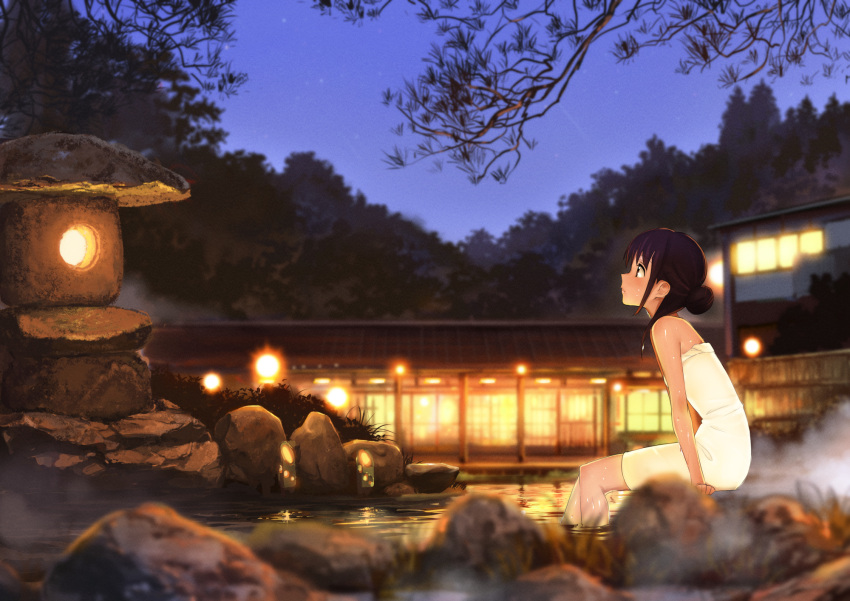 1girl arm_support bare_arms black_eyes black_hair blurry depth_of_field domo1220 evening from_side hair_bun highres naked_towel night onsen original outdoors pine_tree profile sitting sky solo star_(sky) starry_sky steam stone_lantern towel tree water wet