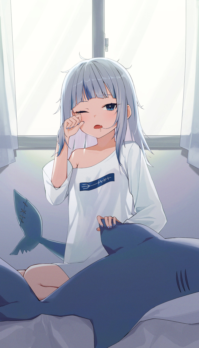 1girl absurdres bad_link blue_eyes blue_hair blue_nails fish_tail gawr_gura h9_99999 hair_in_own_mouth highres hololive hololive_english looking_at_viewer medium_hair messy_hair multicolored_hair nail_polish one_eye_closed open_mouth rubbing_eyes shark shark_girl shark_tail solo streaked_hair tail virtual_youtuber waking_up window