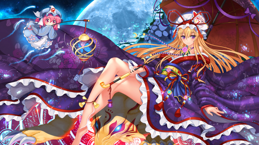 2girls absurdres alternate_costume ankle_bell aura bangs barefoot blonde_hair blue_eyes blush breasts butterfly butterfly_on_hand carrying chibi choker cleavage covered_mouth crossed_legs diamond facial_mark floating floating_hair floral_print flower flying fox_mask frilled_kimono frills full_moon glowing glowing_eyes hair_between_eyes hands_together hat hat_ribbon heart highres hitodama hydrangea japanese_clothes jewelry kimono kofboy lantern large_breasts legs light_particles long_hair long_sleeves looking_at_viewer magic_circle mask mob_cap moon multiple_girls night night_sky obi off_shoulder pink_eyes pink_hair ribbon ribbon_trim saigyouji_yuyuko sash sharp_claws shiny shiny_skin sky smile smoking_pipe sparkle star_(sky) starry_sky thighs toes touhou triangular_headpiece umbrella veil very_long_hair violet_eyes wide_sleeves yakumo_ran yakumo_ran_(fox) yakumo_yukari