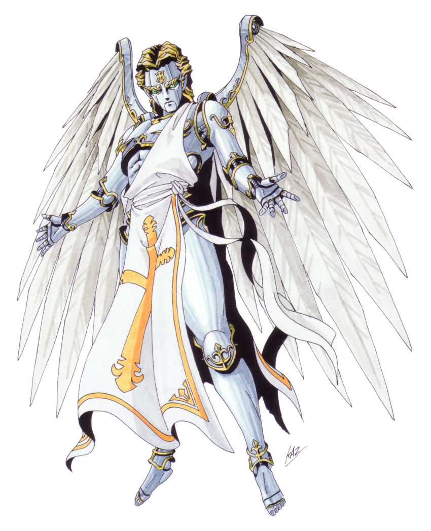 1boy android angel angel_wings artist_name blonde_hair cross gold green_eyes highres kazuma_kaneko looking_at_viewer mechanical metatron_(megami_tensei) official_art oldschool robot_joints shin_megami_tensei tabard wings