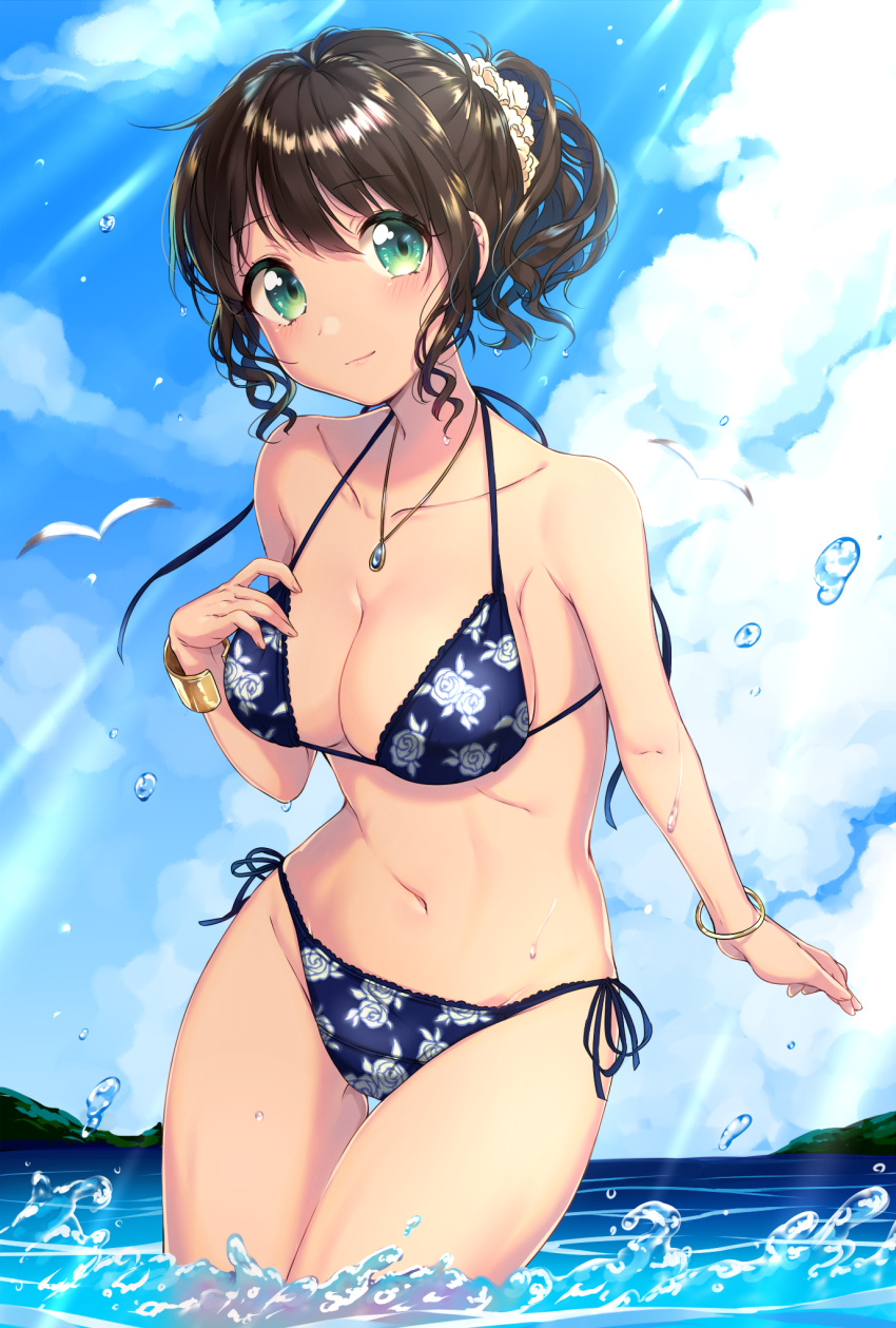 1girl animal bare_shoulders bikini bird blue_bikini blue_ribbon blue_sky blush bracelet breasts brown_hair cleavage closed_mouth collarbone day eyebrows eyebrows_visible_through_hair floral_print gem green_eyes groin hair_ornament hair_scrunchie hand_on_breast hand_on_own_chest highres horizon jewelry large_breasts light_rays looking_at_viewer navel necklace ocean original pendant ponytail ribbon sapphire_(stone) scrunchie seagull side-tie_bikini sky smile solo splashing standing stomach summer sunlight swimsuit tareme thigh_gap umeno_(shio1205) wading water water_drop wavy_hair wet wet_hair