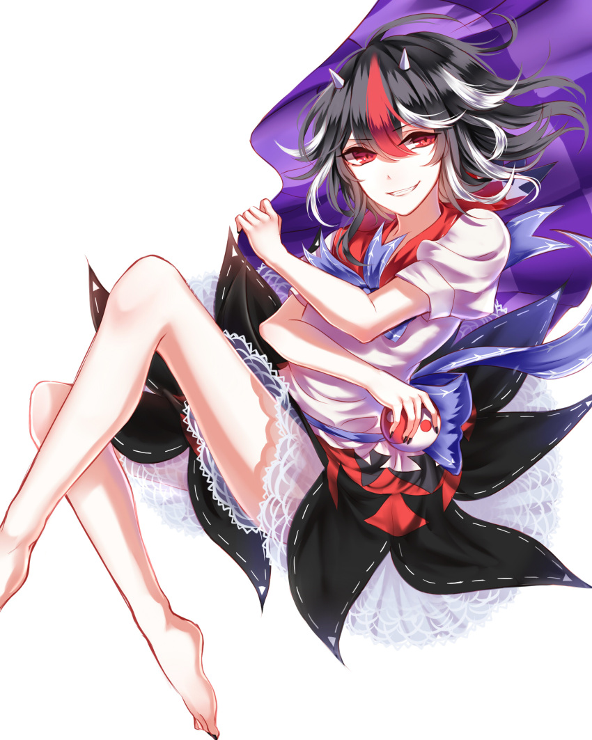 1girl absurdres barefoot bent_knees black_hair black_nails blue_bow blue_bowtie bow bowtie cape directional_arrow dress grin highres holding_ball holding_cape horns kijin_seija looking_at_viewer multicolored_hair nail_polish puffy_short_sleeves puffy_sleeves purple_cape red_eyes redhead sash sheya short_hair short_sleeves smile solo streaked_hair touhou white_background white_hair yin_yang