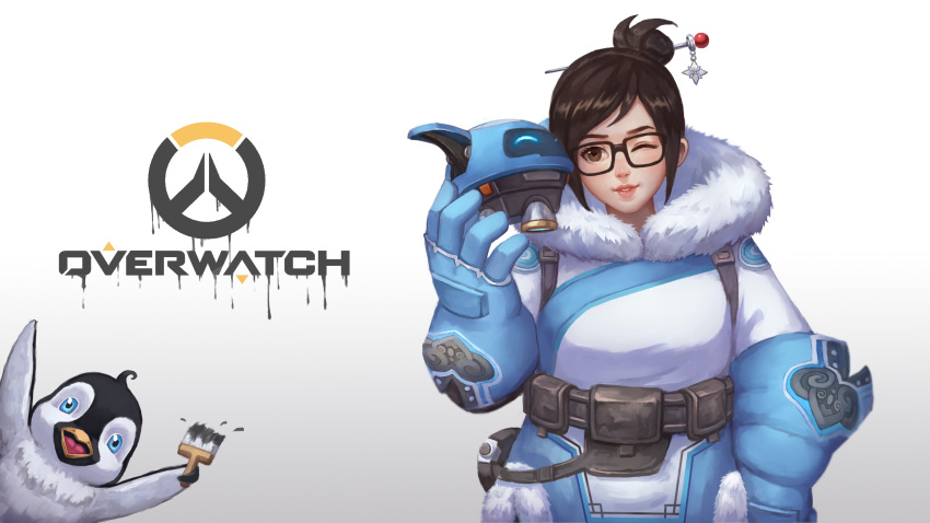 1girl bird black-framed_eyewear breasts brown_eyes brown_hair coat copyright_name fur_trim glasses hair_bun hair_ornament hair_stick highres logo mei_(overwatch) one_eye_closed overwatch paintbrush penguin qian_yi short_hair smile solo