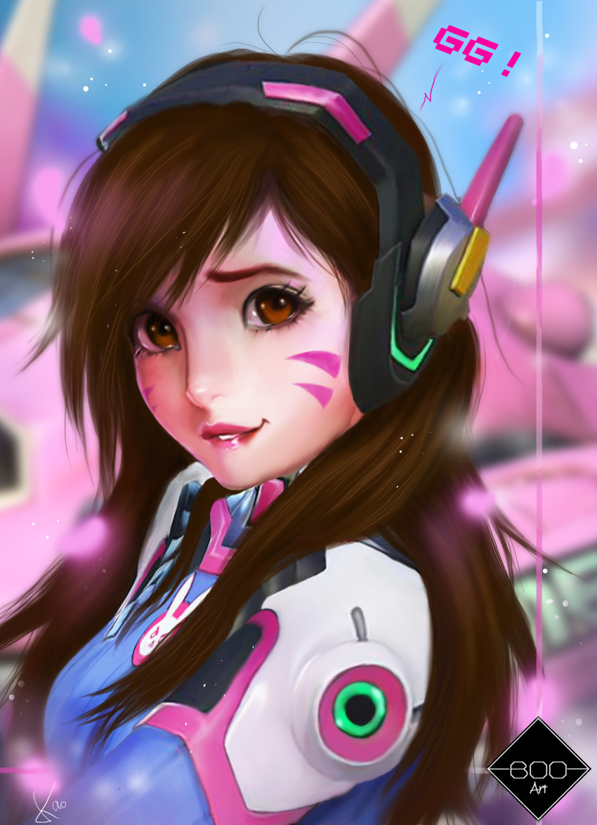 1girl absurdres artist_name bangs biting blue_sky blurry bodysuit boominyoo breasts brown_eyes brown_hair d.va_(overwatch) depth_of_field facial_mark headphones highres lip_biting lips long_hair looking_at_viewer mecha meka_(overwatch) nose outdoors overwatch petals pilot_suit signature sky small_breasts solo swept_bangs upper_body whisker_markings