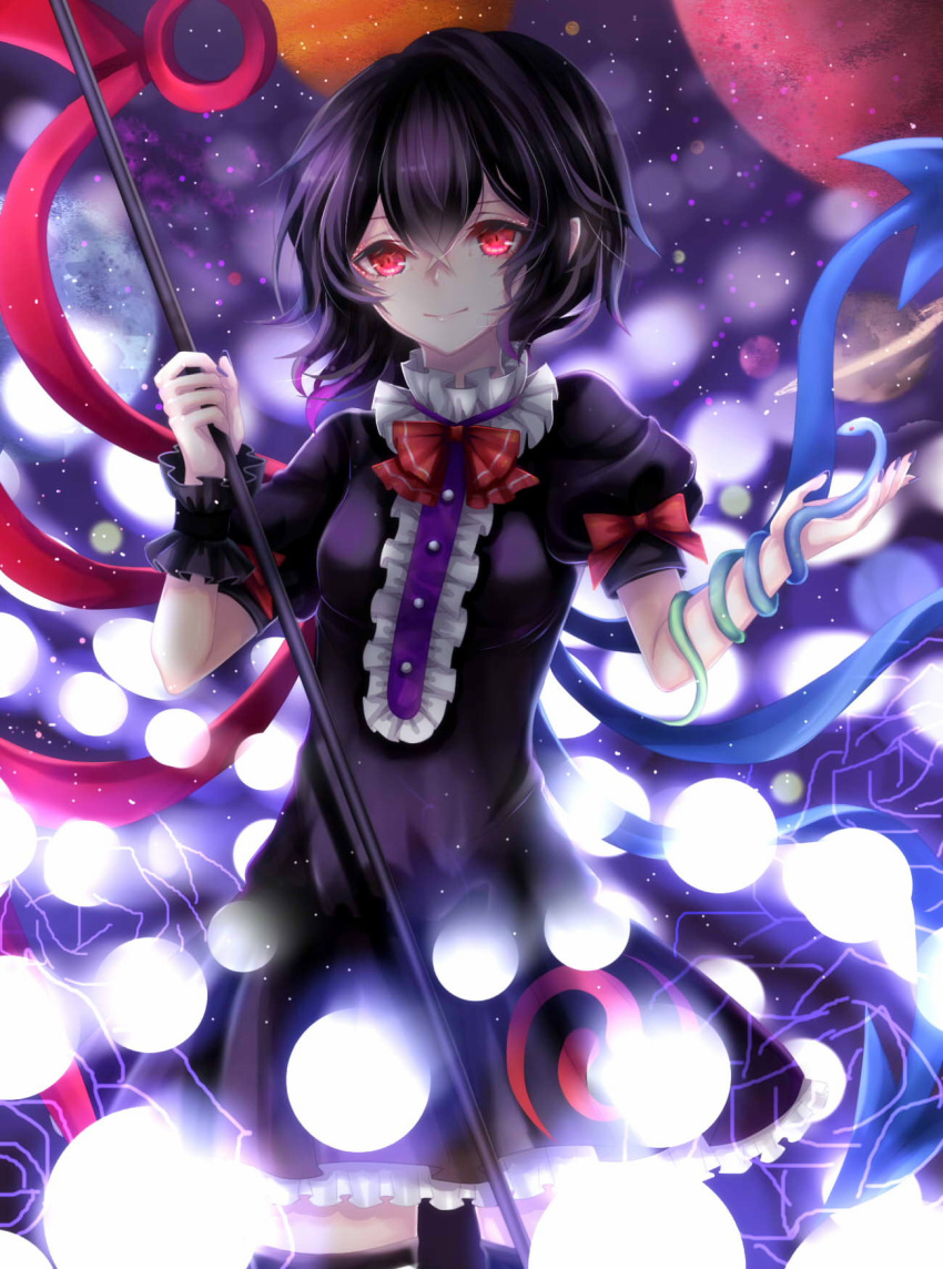 1girl arm_garter asymmetrical_wings black_dress black_hair black_legwear blush bow bowtie cowboy_shot danmaku dress electricity frilled_dress frilled_shirt_collar frills highres holding holding_weapon houjuu_nue looking_at_viewer planet polearm puffy_short_sleeves puffy_sleeves red_bow red_bowtie red_eyes sheya short_dress short_hair short_sleeves smile snake solo thigh-highs touhou weapon wings wrist_cuffs zettai_ryouiki