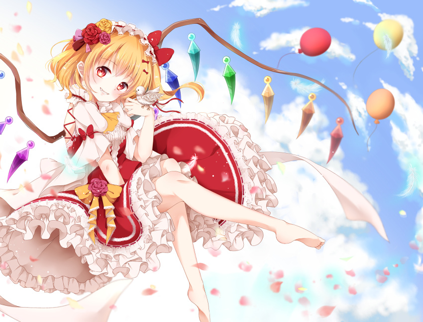 1girl adapted_costume animal animal_on_hand balloon barefoot bird bird_on_hand blonde_hair blue_background blue_sky clouds dress fangs feathers flandre_scarlet flower flower_on_head frilled_dress frills from_side grin hair_flower hair_ornament headdress highres looking_at_viewer mumu-crown petals petticoat puffy_short_sleeves puffy_sleeves red_dress red_eyes shirt short_hair short_sleeves side_ponytail sky smile solo touhou white_feathers white_shirt wide_sleeves