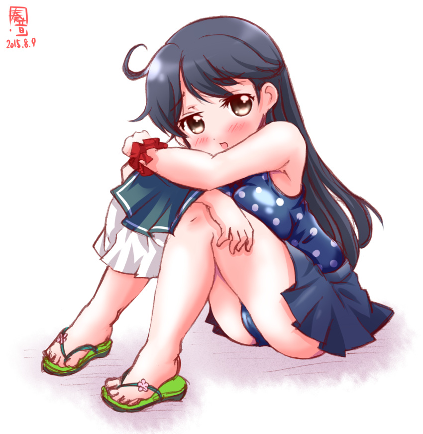 1girl blouse blush breast_press casual_one-piece_swimsuit highres kanon_(kurogane_knights) kantai_collection legs_folded one-piece_swimsuit polka_dot polka_dot_swimsuit sandals school_swimsuit solo swimsuit ushio_(kantai_collection)