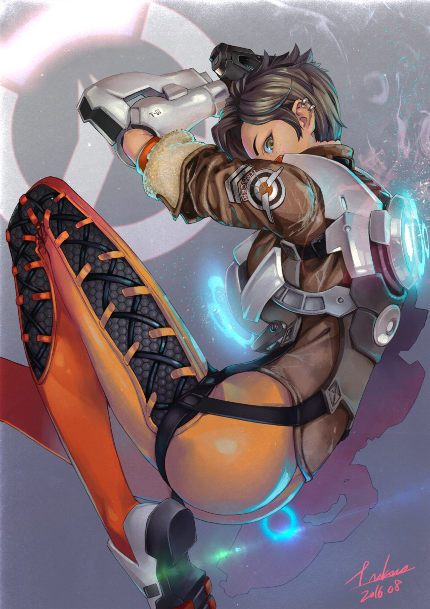 1girl 2016 arm_up artist_name ass bangs belt bodysuit bomber_jacket breasts brown_eyes brown_hair character_name clothes_writing covered_mouth cross-laced_clothes dated freckles from_side gloves glowing grey_background gun hexagon highres holding holding_gun holding_weapon jacket lens_flare light_particles logo looking_at_viewer medium_breasts nakano_tomokazu overwatch profile shoes short_hair signature solo tracer_(overwatch) weapon