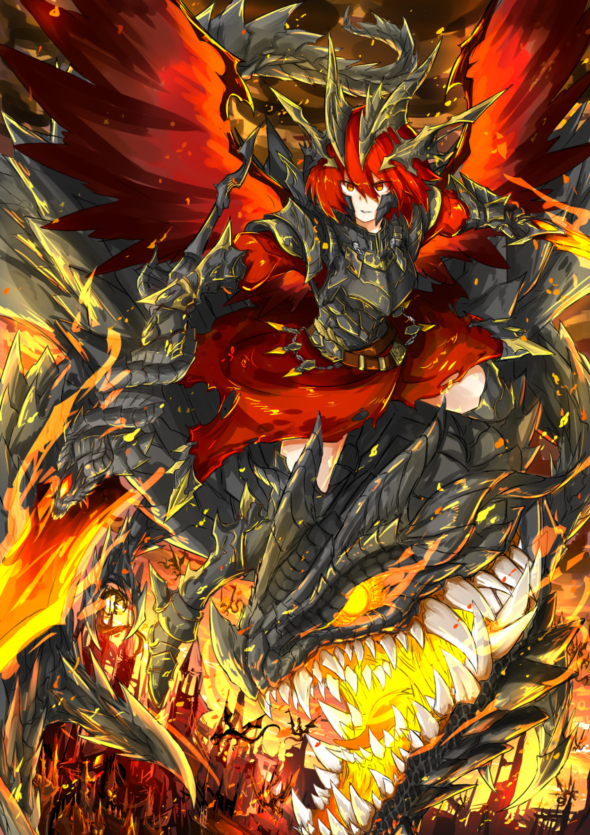 1girl armor belt dragon fire highres kan_(aaaaari35) orange_eyes original redhead scales skirt sword tail weapon wings