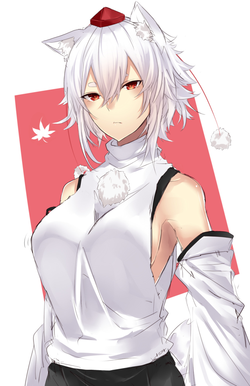 1girl animal_ears armpits bare_shoulders black_skirt breasts detached_sleeves hat highres inubashiri_momiji long_sleeves looking_at_viewer medium_breasts onineko-chan pom_pom_(clothes) red_eyes short_hair sideboob skirt solo tail tokin_hat touhou upper_body white_hair wide_sleeves wolf_ears wolf_tail