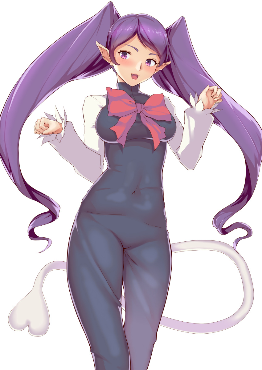 1girl :3 absurdres black_bodysuit bodysuit bow breasts covered_navel cru fangs go!_princess_precure highres large_bow long_hair long_sleeves medium_breasts miss_siamour miss_siamour_(human) open_mouth paw_pose pointy_ears precure purple_hair red_bow skin_tight slit_pupils smile solo tail turtleneck twintails very_long_hair violet_eyes white_background