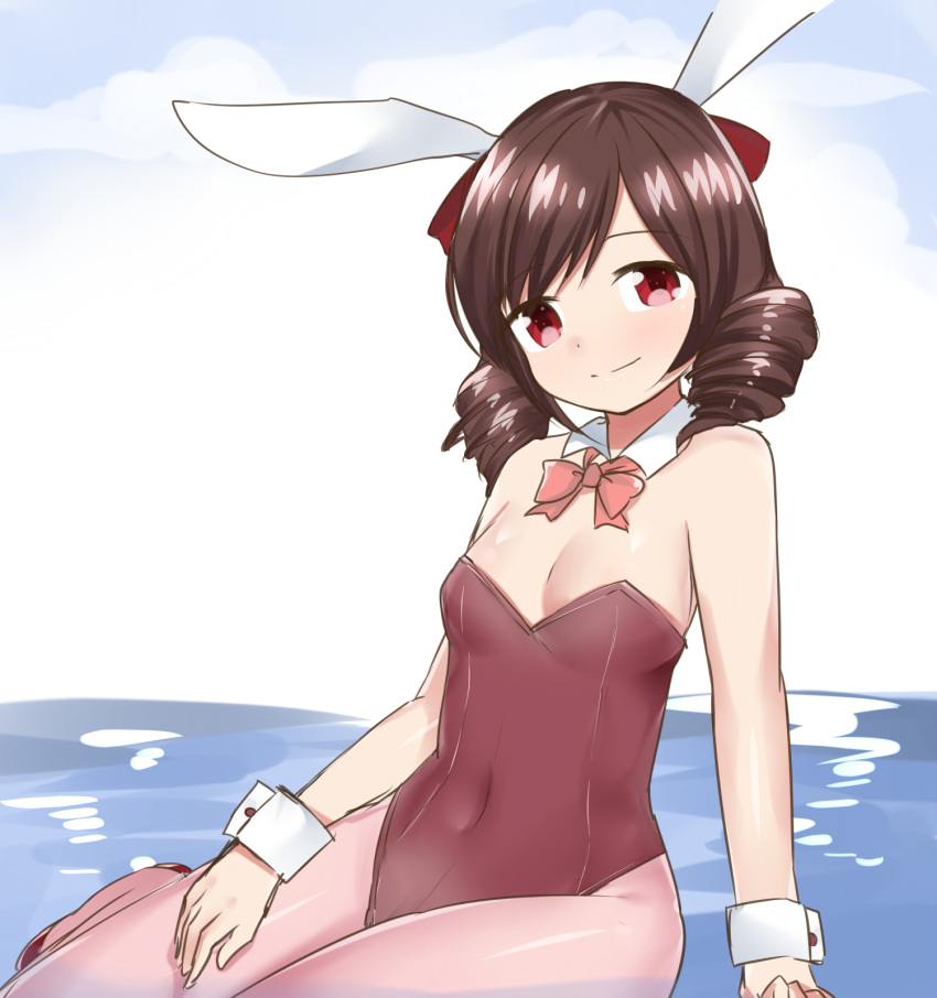1girl animal_ears bow bowtie brown_hair bunnysuit clouds detached_collar drill_hair hair_bow harukaze_(kantai_collection) highres kantai_collection leotard long_hair rabbit_ears re-arusu red_bow red_eyes sitting sky smile solo twin_drills water wrist_cuffs