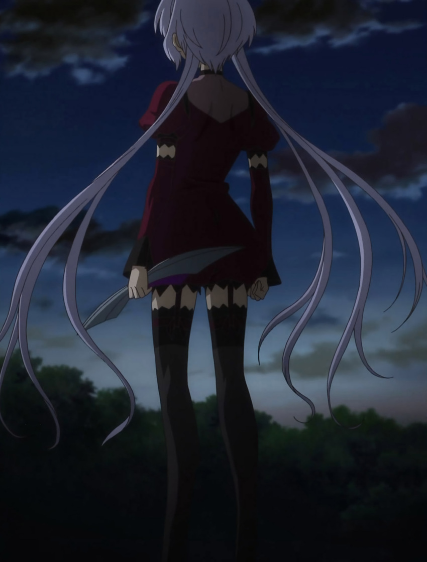 1girl back_turned black_legwear bow cane choker clenched_hands clouds detached_sleeves dress garters highres holding impossible_clothes lace lace-trimmed_dress lace-trimmed_sleeves lace-trimmed_thighhighs lavender_hair long_hair long_sleeves low-tied_long_hair night night_sky photoshop puffy_short_sleeves puffy_shorts puffy_sleeves red_dress screencap see-through senki_zesshou_symphogear short_sleeves shorts shoulder_blades sky sleeves_past_wrists solo standing stitched thigh-highs tree twintails very_long_hair yukine_chris