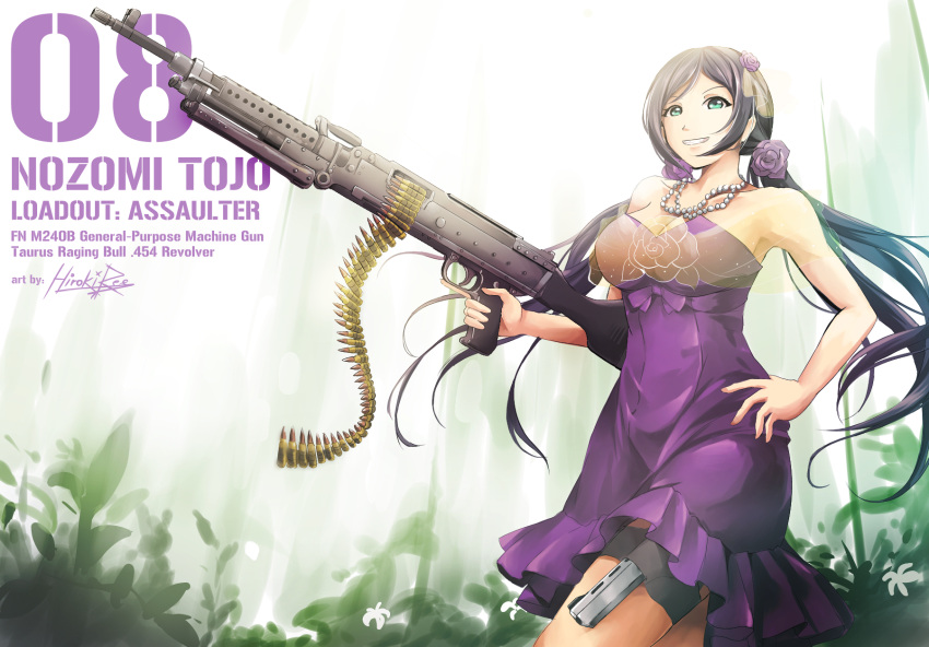 bare_shoulders black_hair breasts character_name cleavage dress flower green_eyes grin gun hair_flower hair_ornament hand_on_hip highres hiroki_ree holding holding_gun holding_weapon jewelry large_breasts long_hair love_live! love_live!_school_idol_project m240 machine_gun necklace number purple_dress purple_flower signature smile strapless strapless_dress toujou_nozomi weapon