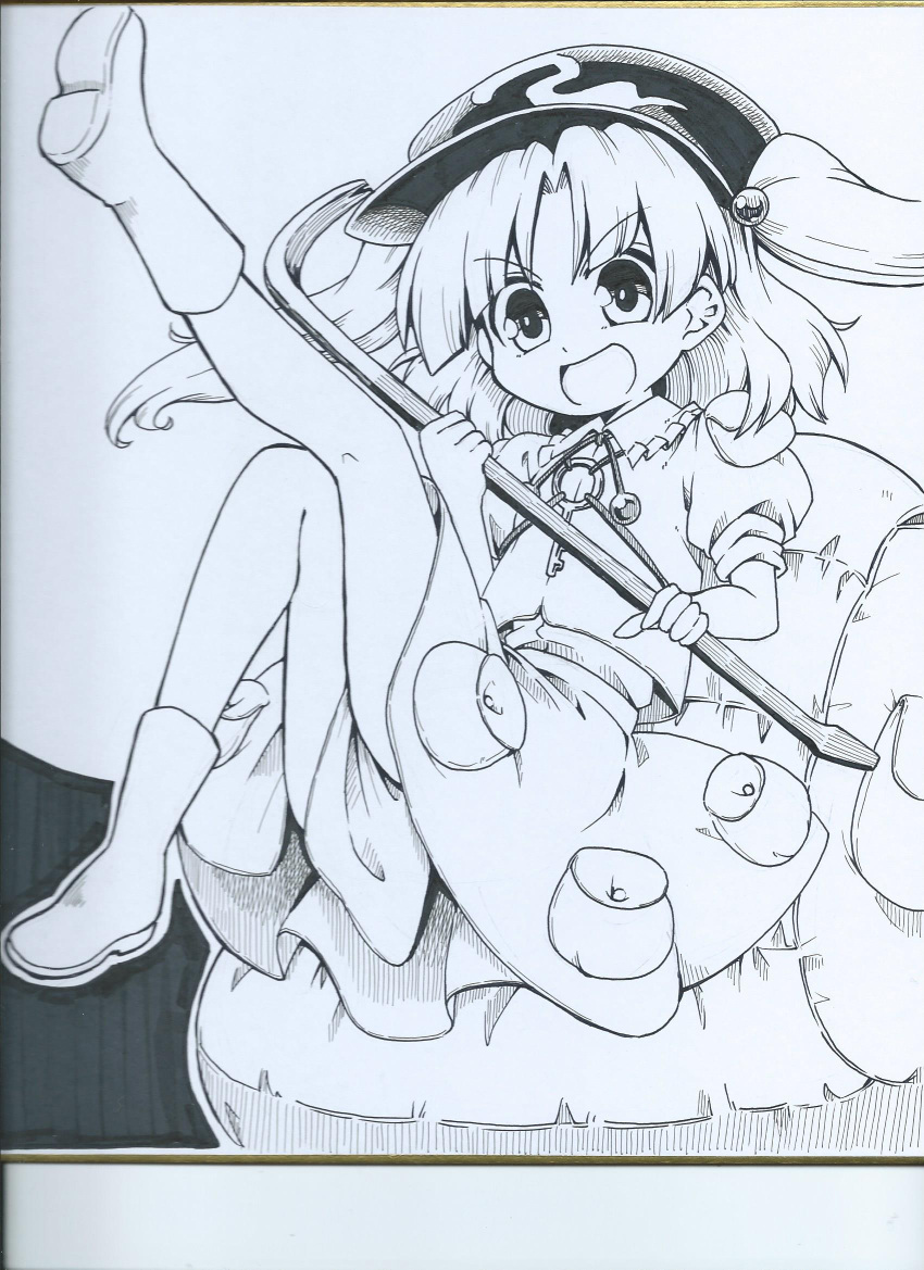 1girl backpack bag bangs boots cap crowbar dress futa4192 hair_bobbles hair_ornament hat highres kawashiro_nitori key leg_up looking_at_viewer monochrome open_mouth pocket short_hair smile touhou traditional_media two_side_up white_background