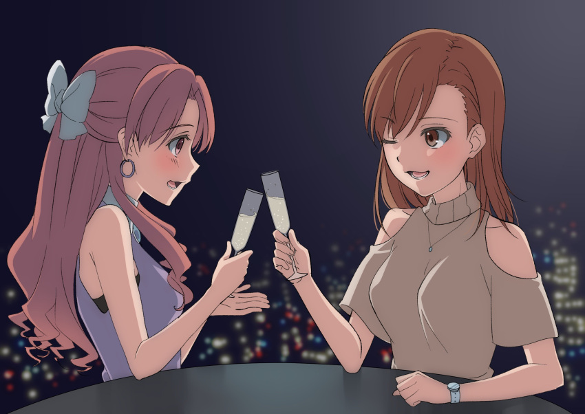 2girls ;d blue_bow blurry blurry_background blush bow brown_eyes brown_hair clothing_cutout cup earrings eye_contact grey_sweater hair_bow hair_intakes highres holding holding_cup jewelry long_hair looking_at_another misaka_mikoto multiple_girls naguramu one_eye_closed open_mouth pink_hair purple_shirt shirai_kuroko shirt short_sleeves shoulder_cutout sitting sleeveless sleeveless_shirt smile sweater table toaru_majutsu_no_index watch watch