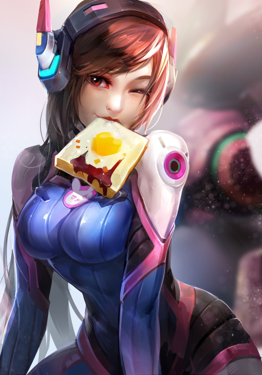 1girl ;) armor bangs bodysuit breasts brown_eyes brown_hair bunny_print cowboy_shot d.va_(overwatch) eyelashes facepaint facial_mark food_in_mouth freckles gloves headphones high_collar highres large_breasts lipstick long_hair makeup meka_(overwatch) mouth_hold one_eye_closed overwatch pauldrons pilot_suit red_lips red_lipstick ribbed_bodysuit shoulder_pads skin_tight smile solo swept_bangs toast toast_in_mouth turtleneck whisker_markings