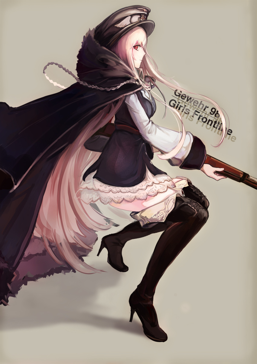 1girl albino black_boots black_hat bolt_action boots character_name chen_feng_si copyright_name girls_frontline grey_background gun hat highres jacket_on_shoulders kar98k_(girls_frontline) long_hair looking_at_viewer mauser_98 peaked_cap profile red_eyes rifle skirt solo squatting thigh-highs thigh_boots weapon white_hair