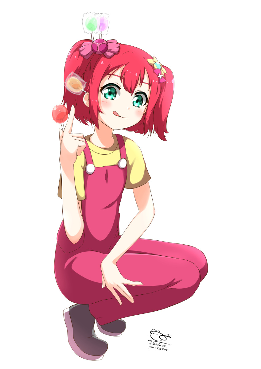 1girl :p absurdres alternate_costume bangs basukechi blush bow candy crossover food fujiya green_eyes hair_bow highres holding_candy holding_lollipop kurosawa_ruby lollipop love_live! love_live!_sunshine!! overalls peko-chan pink_bow pink_hair pink_outline pink_overalls polka_dot polka_dot_bow shirt short_hair simple_background solo tongue tongue_out twintails white_background yellow_bow yellow_shirt