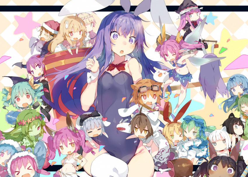 &gt;_&lt; 6+girls :d :o ahoge animal_ears animal_hood aqua_hair aruraune_(rabi-ribi) ashuri_(rabi-ribi) bangle black_bow black_hair blonde_hair blue_hair bow bracelet braid brown_hair bunnysuit character_request chibi cicini_(rabi-ribi) closed_eyes cocoa_(rabi_ribi) dark_skin drill_hair erina_(rabi-ribi) fairy_wings flower food goggles goggles_on_head green_hair green_skin hair_bow hair_flower hair_ornament hair_ribbon hands_on_hips hat head_wings hood irisu_(rabi_ribi) jewelry karei_(hirameme) kotri_(rabi-ribi) light_brown_hair long_hair meat midriff multiple_girls navel open_mouth pandora_(rabi-ribi) pink_hair purple_hair rabbit_ears rabi-ribi ribbon ribbon_(rabi-ribi) rita_(rabi-ribi) santa_hat short_hair smile stuffed_animal stuffed_toy surrounded syaro_(rabi-ribi) violet_eyes wings wrist_cuffs