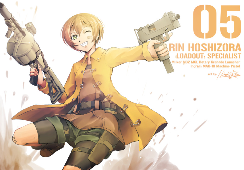 1girl brown_hair character_name dual_wielding green_eyes grenade_launcher grin gun highres hiroki_ree holding holding_gun holding_weapon hoshizora_rin love_live! love_live!_school_idol_project mac-10 milkor_mgl number one_eye_closed short_hair signature smile solo submachine_gun weapon