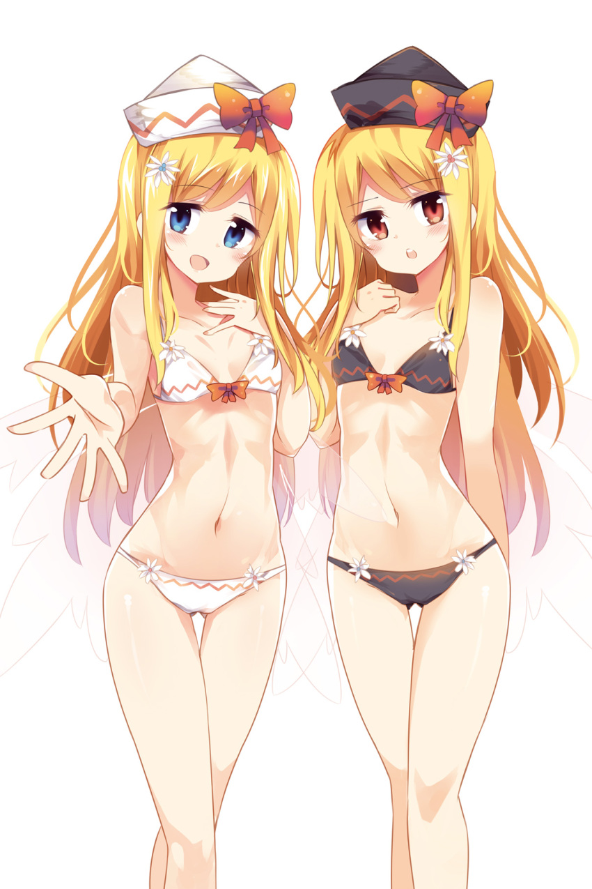 2girls ass_visible_through_thighs bangs bikini black_bikini blonde_hair blue_eyes blush bow cowboy_shot eyebrows eyebrows_visible_through_hair fairy_wings flower hair_flower hair_ornament hat highres lily_black lily_white long_hair looking_at_viewer maturiuta_sorato multiple_girls navel open_mouth outstretched_arm outstretched_hand petite red_bow red_eyes simple_background smile standing swimsuit thigh_gap touhou white_background white_bikini wings