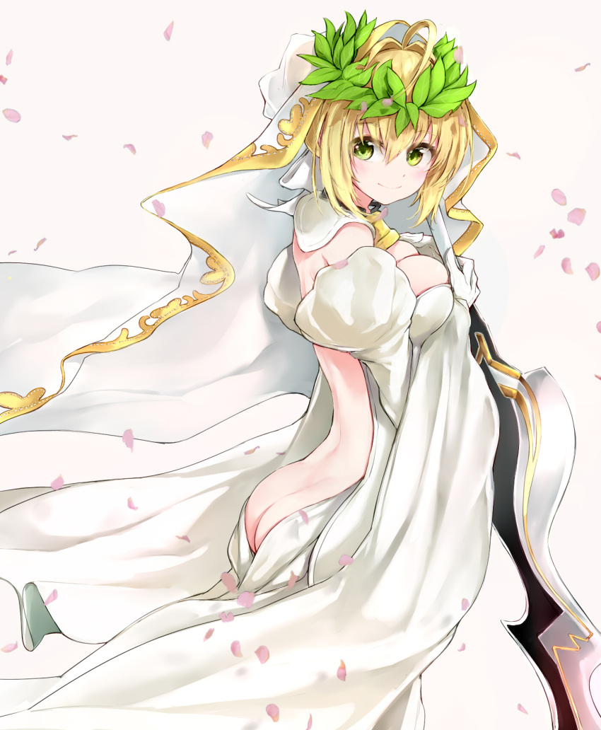 1girl ahoge ass back bangs belt blonde_hair blush bodysuit breasts butt_crack center_opening cleavage detached_sleeves fate/grand_order fate/stay_night fate_(series) flower gloves green_eyes hair_between_eyes highres holding holding_sword holding_weapon lock looking_back padlock petals puffy_sleeves saber_bride saber_extra silver_(chenwen) simple_background smile solo standing sword veil weapon white_gloves wreath
