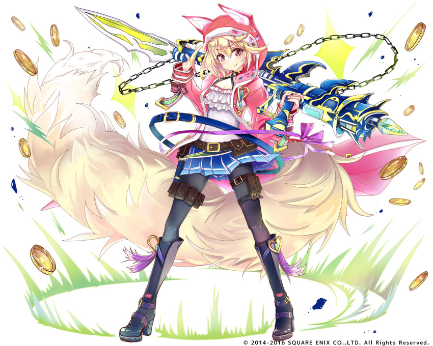 1girl animal_hood belt belt_buckle belt_pouch black_legwear blonde_hair blue_skirt boots bow breasts buckle chain coin collar fox_tail frills full_body gem harpoon head_tilt heart highres holding holding_weapon hood hooded_jacket jacket kai-ri-sei_million_arthur knee_boots long_sleeves looking_at_viewer miniskirt over_shoulder pantyhose pleated_skirt pouch red_eyes ribbon short_hair skirt small_breasts smile solo soramu tail touzoku_arthur watermark weapon weapon_over_shoulder