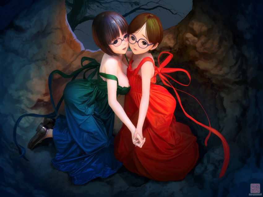 2girls asymmetrical_docking bangs bob_cut breast_press breasts dress flat_chest from_side glasses gown highres holding_hands long_dress looking_at_viewer medium_breasts multiple_girls original red_dress short_hair siblings sisters smile yasumori_zen