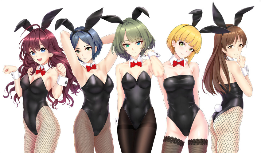 5girls animal_ears armpits arms_behind_back arms_up ass bangs bare_shoulders black_hair blonde_hair blue_eyes bow bowtie breasts brown_hair bunny_girl bunny_tail bunnysuit cleavage covered_navel cowboy_shot detached_collar fishnet_pantyhose fishnets green_eyes hayami_kanade head_tilt heterochromia highres ichinose_shiki idolmaster idolmaster_cinderella_girls infinote lace lace-trimmed_thighhighs long_hair looking_at_viewer miyamoto_frederica mole mole_under_eye multiple_girls nitta_minami pantyhose parted_bangs parted_lips paw_pose rabbit_ears short_hair simple_background smile swept_bangs tail takagaki_kaede thigh-highs thighband_pantyhose white_background wrist_cuffs yellow_eyes