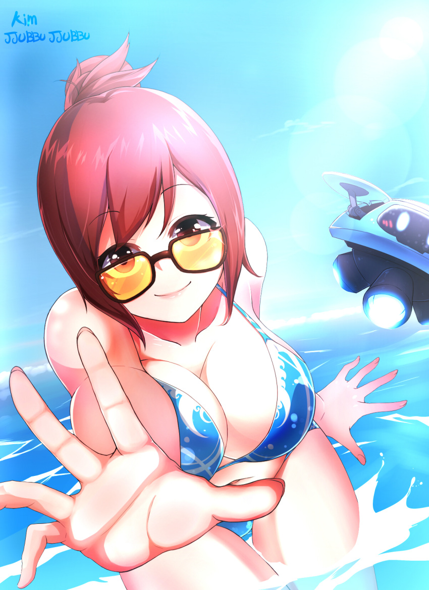 1girl artist_name bangs bare_shoulders bikini black-framed_eyewear blue_bikini blue_sky blue_swimsuit blush breasts brown_eyes brown_hair cleavage collarbone drone eyebrows eyebrows_visible_through_hair fingernails floating glasses hair_bun highres large_breasts long_fingernails looking_at_viewer machinery mei_(overwatch) navel ocean overwatch palms partially_submerged pink_lips reaching reaching_out robot short_hair sidelocks sky smile solo swimsuit thigh_gap wading water