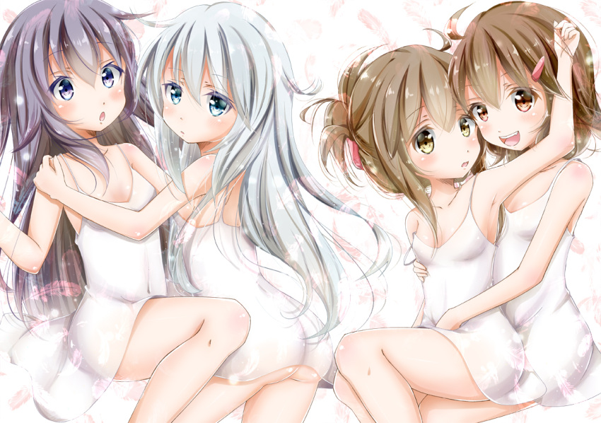 4girls ahoge akatsuki_(kantai_collection) alternate_costume ass blue_eyes blue_hair breasts brown_eyes brown_hair colored_eyelashes dress folded_ponytail from_behind hair_between_eyes hair_ornament hairclip hibiki_(kantai_collection) hug hyakka_onibi ikazuchi_(kantai_collection) jitome kantai_collection long_hair multiple_girls short_dress silver_hair sitting sitting_on_lap sitting_on_person small_breasts strap_slip thighs white_dress