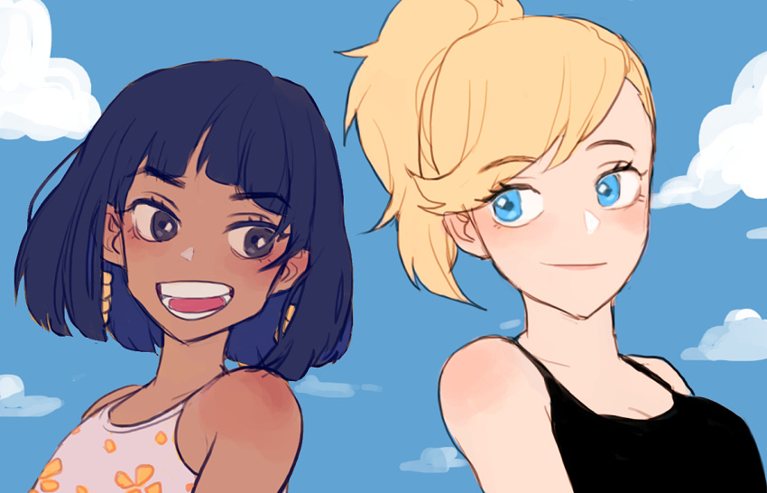 2girls :d bare_shoulders black_hair black_shirt blonde_hair blue_eyes blue_sky braid child clouds cloudy_sky eyebrows eyebrows_visible_through_hair floral_print hair_tubes looking_at_another multiple_girls open_mouth overwatch pharah_(overwatch) ponytail shirt short_hair side_braids sky sleeveless sleeveless_shirt smile tank_top teeth toma_(tomama97) younger