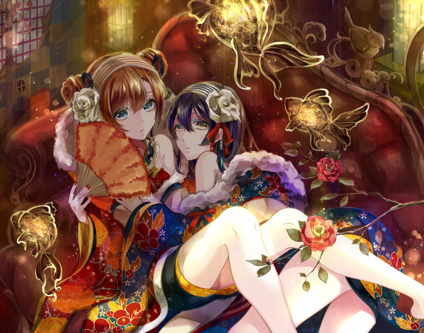 2girls alternate_hairstyle bangs bare_legs beads bird blue_eyes blue_hair brown_hair camellia_(flower) checkered closed_mouth colored_eyelashes couch double_bun eyelashes fish floral_print flower flying_fish fur_trim glowing goldfish hair_between_eyes hair_flower hair_ornament hair_ribbon highres holding_fan indoors japanese_clothes kimono kousaka_honoka lantern leaning_back light_particles long_hair long_sleeves looking_at_viewer love_live! love_live!_school_idol_project multiple_girls nail_polish off_shoulder on_couch red_flower red_nails ribbon round_window sitting sonoda_umi wall wide_sleeves yache yellow_eyes