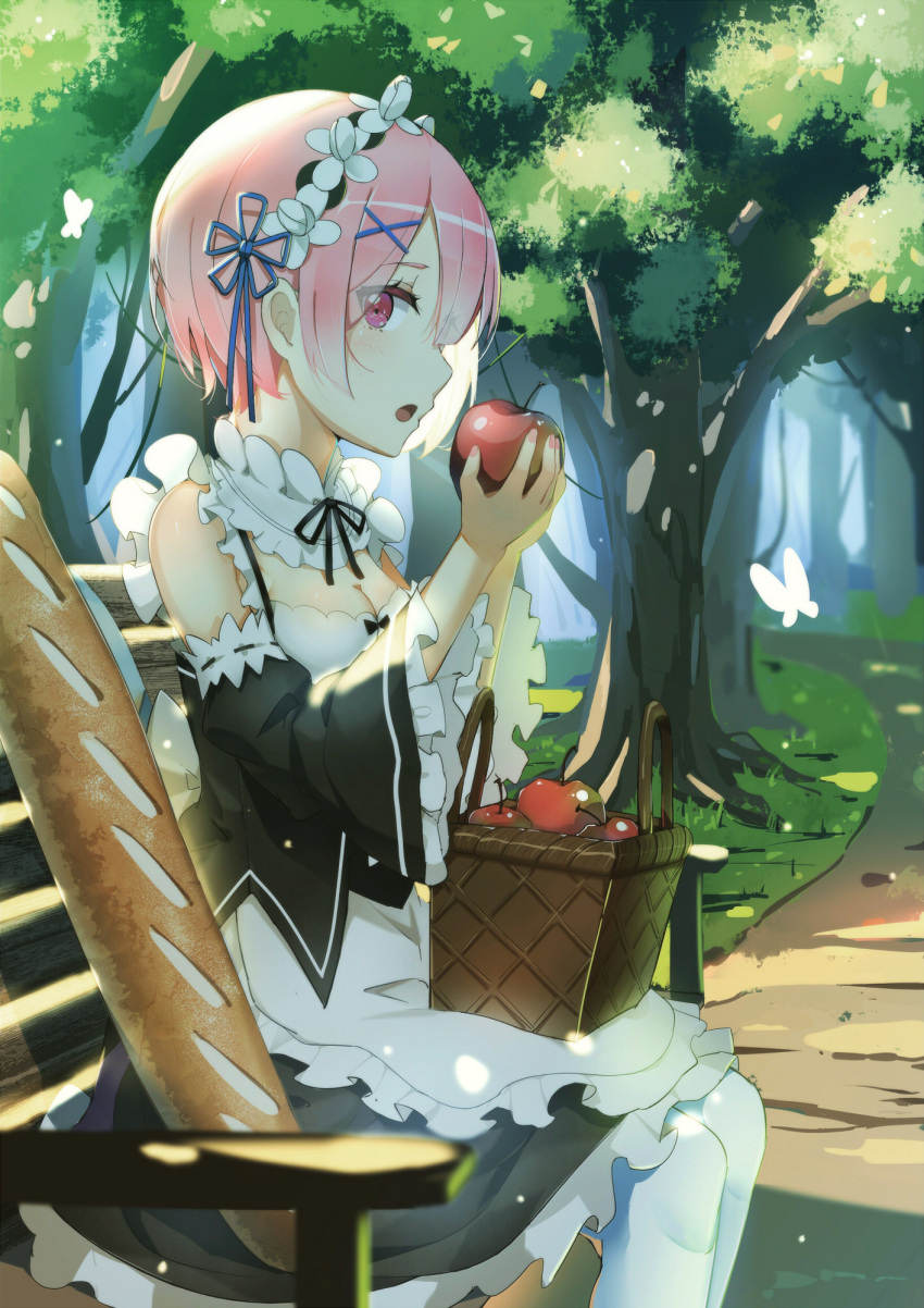 1girl :o animal apple apron baguette bare_shoulders basket bench black_dress black_ribbon blue_ribbon blurry blush bread breasts butterfly cleavage cleavage_cutout dappled_sunlight day depth_of_field detached_sleeves dress food forest frilled_sleeves frills from_side fruit hair_ornament hair_ribbon hairband hairclip highres holding holding_food holding_fruit insect long_sleeves looking_to_the_side lu" medium_breasts nature open_mouth outdoors pantyhose path pink_eyes pink_hair plant ram_(re:zero) re:zero_kara_hajimeru_isekai_seikatsu ribbon ribbon-trimmed_sleeves ribbon_trim road short_hair sitting sleeveless sleeveless_dress solo sunlight surprised tree waist_apron white_apron white_legwear wide_sleeves x_hair_ornament