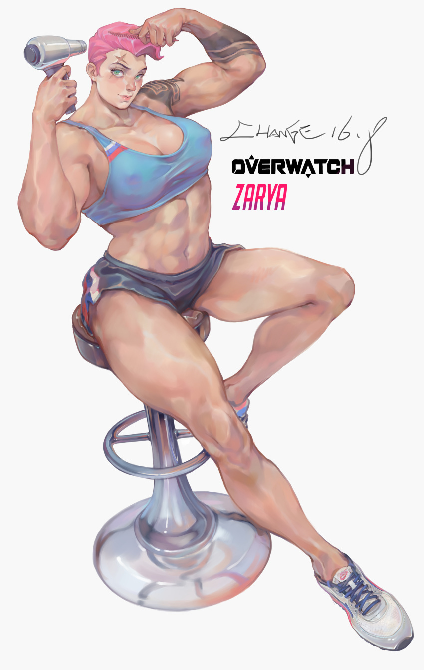 1girl absurdres breasts change_(437483723) cleavage comb covered_nipples green_eyes hair_dryer highres large_breasts light_smile lips looking_at_viewer muscle overwatch pink_hair simple_background solo thick_thighs thighs toned white_background zarya_(overwatch)