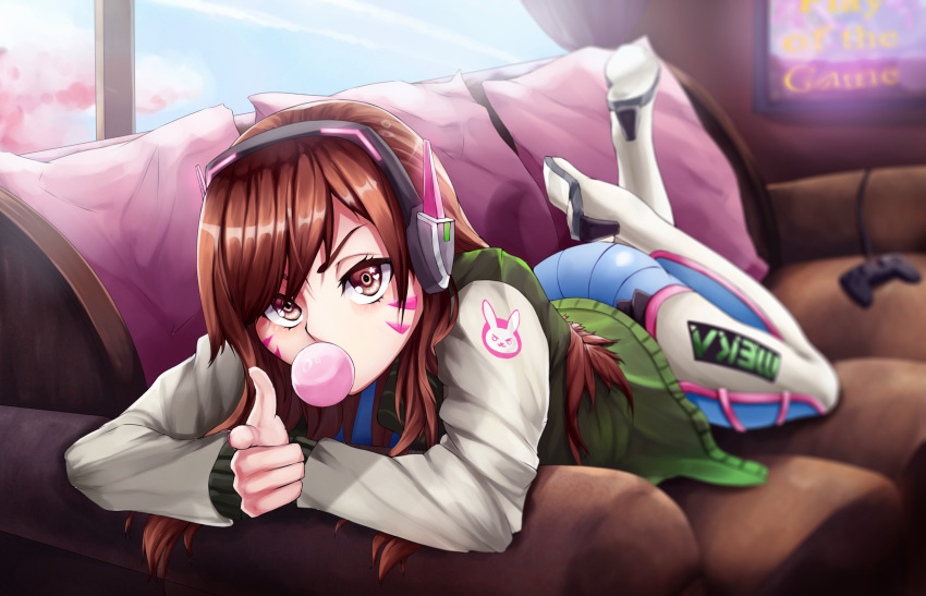 1girl absurdres acronym bangs blue_sky bodysuit boots brown_eyes brown_hair bubble_blowing bubblegum bunny_print cherry_blossoms condensation_trail controller couch d.va_(overwatch) eyelashes facepaint facial_mark finger_gun fingernails game_controller gamepad green_jacket gum headphones heart heart-shaped_pupils highres huksly jacket lcd_tv long_fingernails long_hair looking_at_viewer lying nail_polish on_stomach overwatch pillow pink_nails pointing pointing_at_viewer sky solo star star-shaped_pupils symbol-shaped_pupils thigh-highs thigh_boots whisker_markings white_boots window