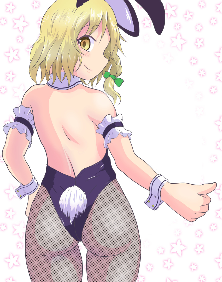 1girl arm_ribbon ass breasts bunny_tail bunnysuit cleavage detached_collar fishnet_pantyhose fishnets highres kirisame_marisa leotard looking_back nioti pantyhose ribbon smile solo tail touhou yellow_eyes