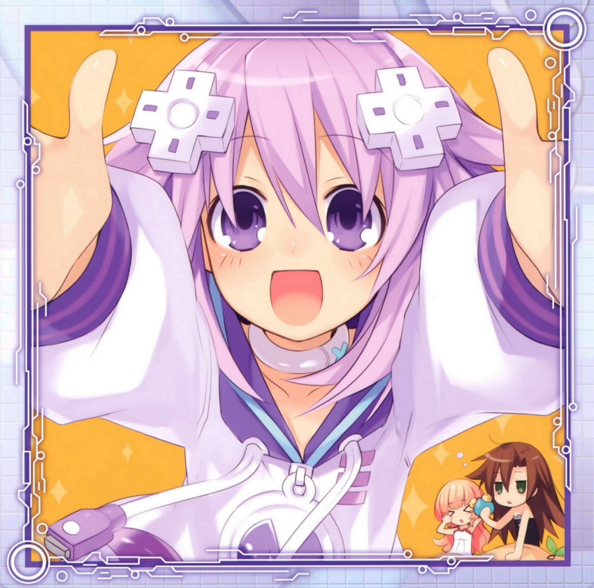 &gt;_&lt; 1girl blonde_hair brown_hair choker closed_eyes compa d-pad hair_ornament highres if_(choujigen_game_neptune) long_hair looking_at_viewer neptune_(choujigen_game_neptune) neptune_(series) open_mouth outstretched_hand purple_hair short_hair solo tsunako violet_eyes