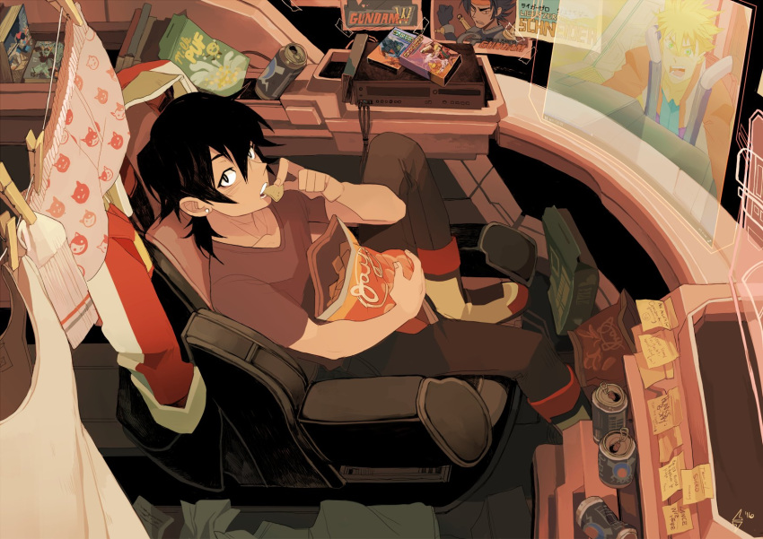 1boy black_hair boots boxers can chips earrings eating from_above gundam gundam_wing highres hyakujuu-ou_golion jacket jacket_removed jewelry keith_(voltron) male_focus mullet sitting solo sticky_note underwear voltron:_legendary_defender